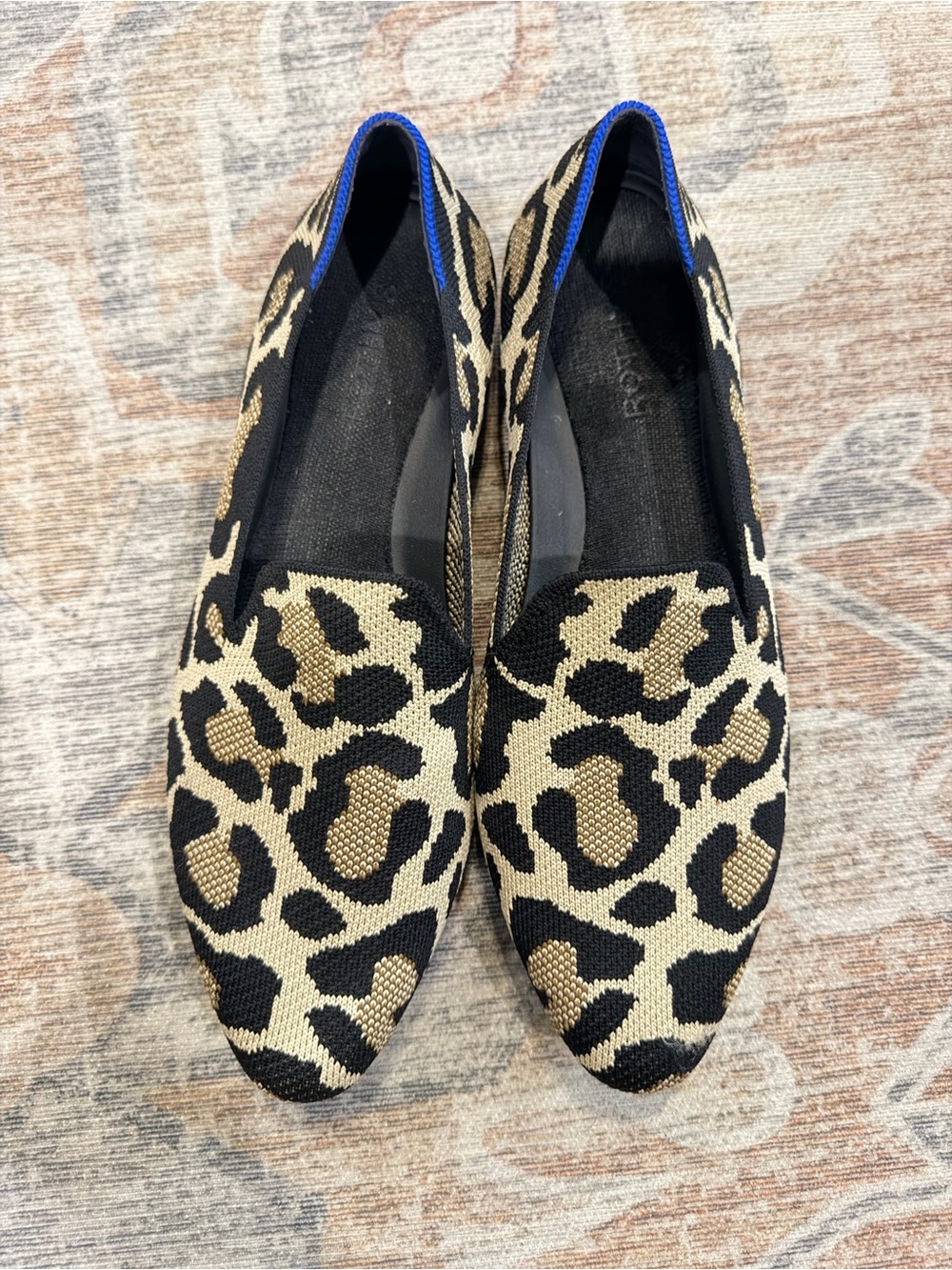 Rothy's Leopard Knit Slip-On Flats - Black & Tan with Blue Trim